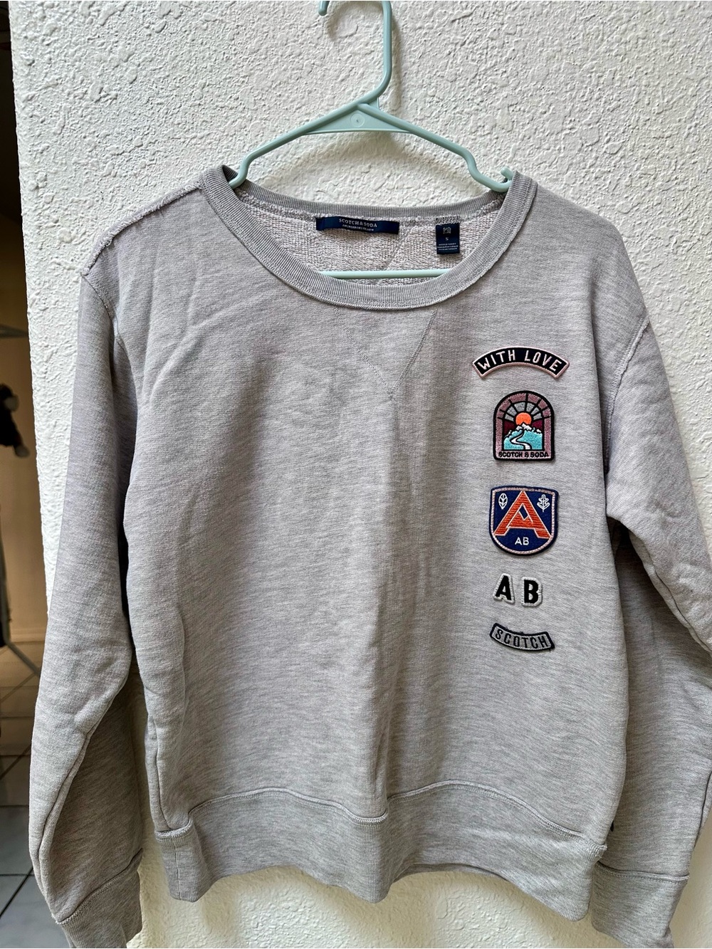 Scotch & Soda Light Gray Crewneck Sweater with Embroidered Patches